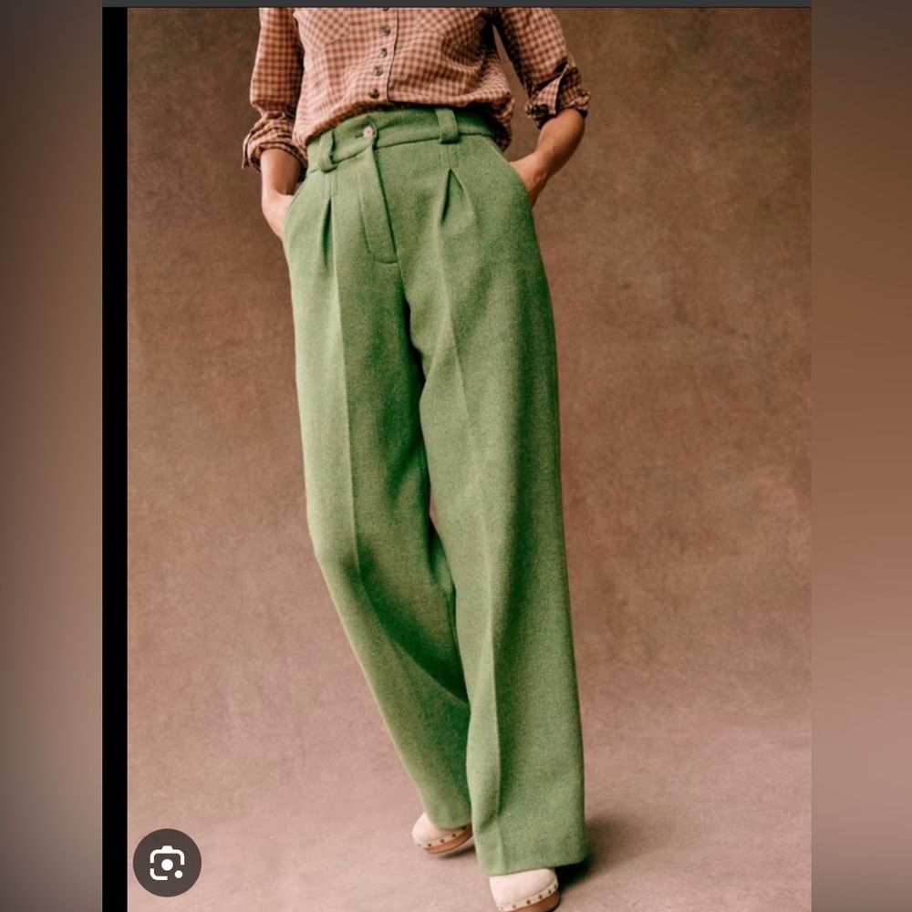 Sezane Theophile High-Waist Wide-Leg Green Trousers